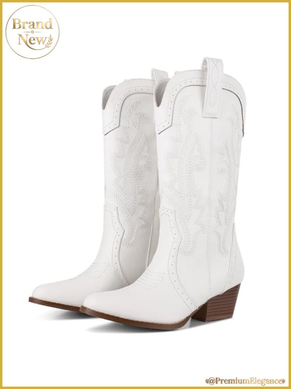 Mid Calf Cowboy Boots Embroidered Faux Leather Snip Toe Chunky Heel